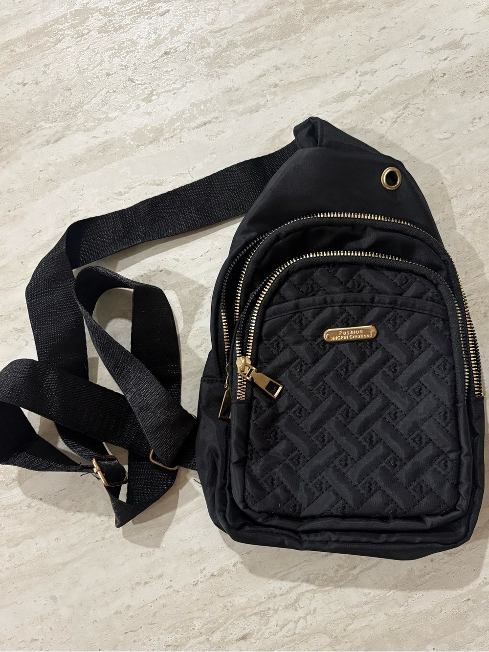 Black Quilted Crossbody Sling Bag with Gold Hardware